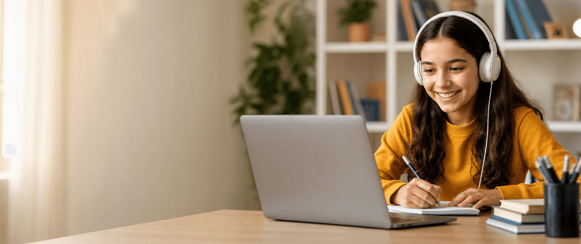 A student learning online with headphones, a laptop, and a notebook