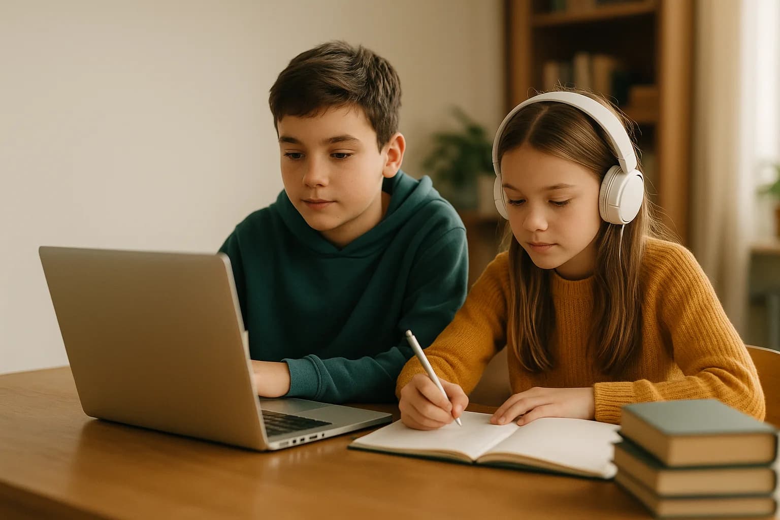 Two students learning independently together at home